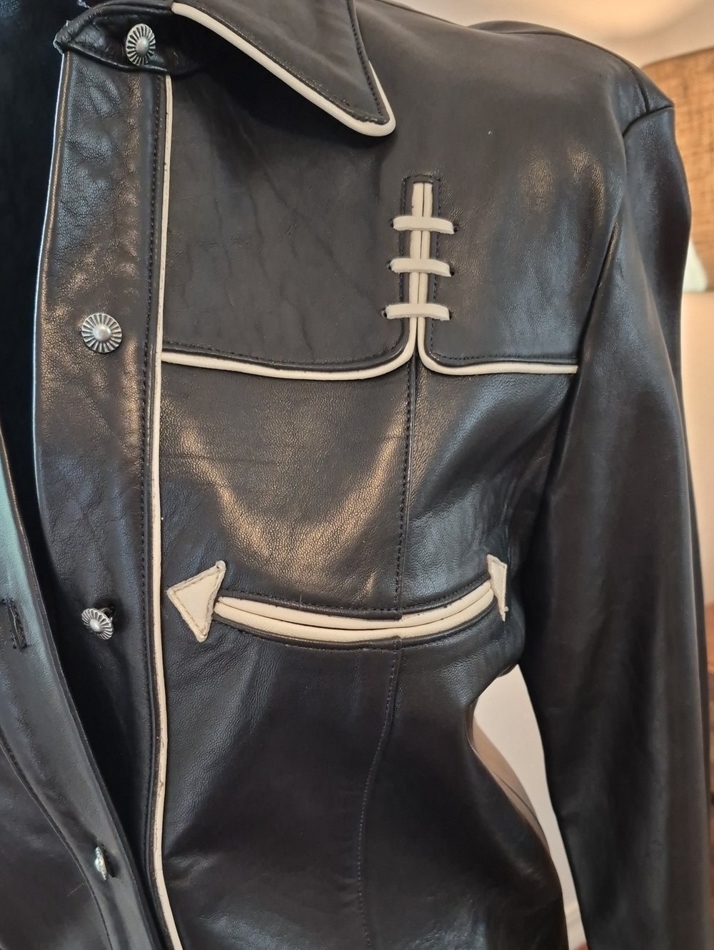 ARELLA 90s Leather Western Shirt Jacket Small Black White - Picture 3 of 9